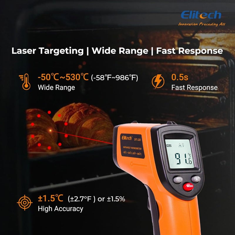 Elitech Laser Temperature Gun, Non-Contact Digital Infrared Thermometer, Adjustable Emissivity, Backlight, Handheld for Grill, Meat, Food, Candy, Automotive, HVAC Tools, -50~530°C(-58~986°F), DIT-220 - Image 4